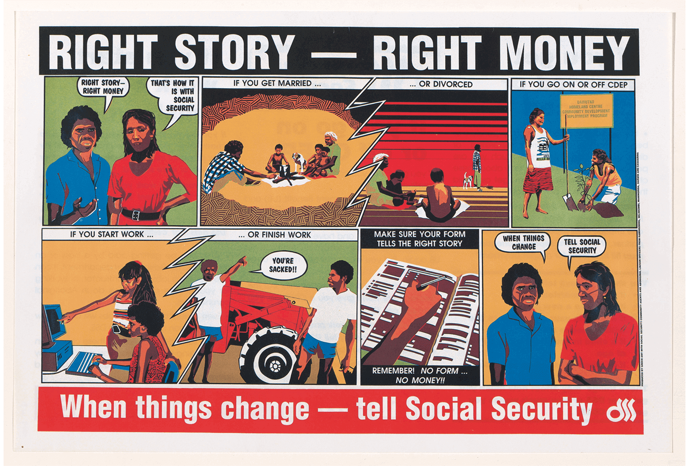 Colourful poster with a comic book-style panels with the headings 'Right story - right money' and 'When things change - tell Social Security'