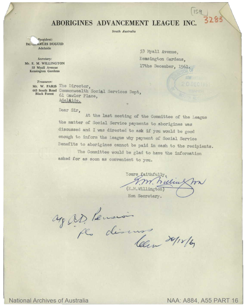 E.M. Willington's 1961 letter to the Department of Social Services on benefit payments. The letter is typed on the letterhead of the Aborigines Advancement League Inc. South Australia, and there are handwritten notes on it. 