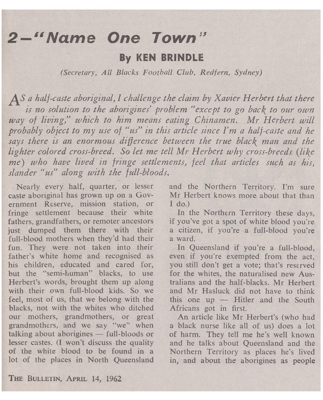 Thumbnail image of an excerpt from the April 1962 edition of the Bulletin, titled "Name One Town" by Ken Brindle.