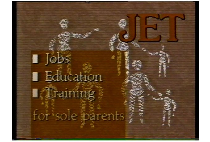 Video still from the JET program video. It is a brown background with white parent and child figures. The text reads: JET Jobs Education Training for sole parents.