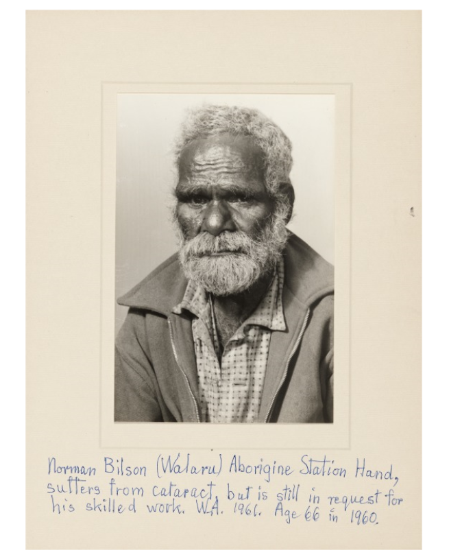 Photo of Norman Bilson, also known as Walaru. Bilson has white hair, a short beard and wrinkles. He has a serious expression. He is dressed in a button-up shirt and zip-up jacket. The photo is mounted on card and there is a handwritten caption beneath it. The caption reads: ‘Norman Bilson (Walaru) Aborigine Station Hand, suffers from cataracts, but is still in request for his skilled work. W.A. 1961. Age 66 in 1960.’ 