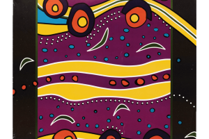 A poster titled 'Go For It!', featuring Indigenous art. The subheading reads: 'ABSTUDY Financial Assistance for Aboriginal and Torres Strait Islanders'. There is a small DEET logo in the bottom right corner. 