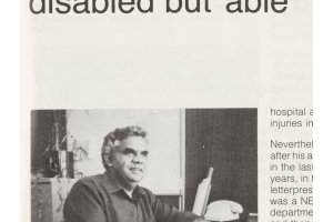 Clipping of an article showing a photo of Kevin Coombs at a desk and the title 'Kevin Coombs - disabled but able'. The title of the page reads 'International Year of Disabled Persons'.