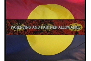 Title card of video explaining new women's payments. Says 'parenting and partner allowance'. There is an Aboriginal flag design in the background.