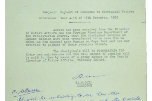 Letters from 1963 regarding government payments at New Mapoon, Queensland. The letter is typed with a Commonwealth of Australia letterhead, and a handwritten note at the bottom.