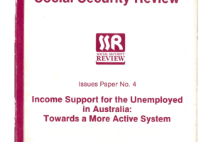 Cover of the Social Security Review issues paper number 4 with the title 'Income Support for the Unemployed in Australia: Towards a More Active System' and a postal address for the review.