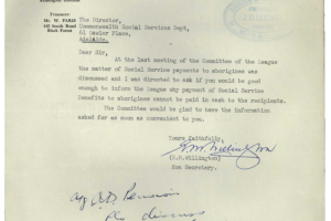 E.M. Willington's 1961 letter to the Department of Social Services on benefit payments. The letter is typed on the letterhead of the Aborigines Advancement League Inc. South Australia, and there are handwritten notes on it. 