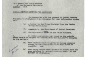 C.R. Lambert's 1963 letter to the Administrator of the Northern Territory on Social Service benefits. The letter is neatly typed with handwritten annotations in blue pen and a date stamp 23 OCT 1963.