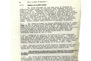 Thumbnail image of a document recording a meeting about how the government distributed money on behalf of Aboriginal pension recipients. The record is typed on thin paper which is curling at the edges.