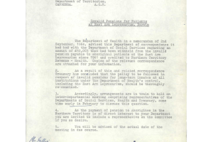 A1965 letter to the Department of Territories on leprosy patients at East Arm Leprosarium, Darwin, receiving Invalid Pensions. The letter is typed with a signature in blue pen.