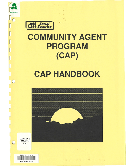 The cover of the Community Agent Program (CAP) CAP Handbook. There is a small image depicting a sun rising over a mountain range. There is a DSS logo in the top left hand corner