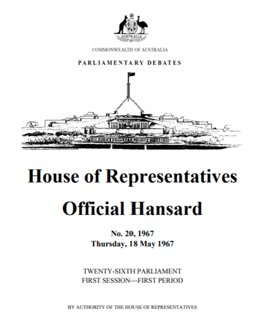 Thumbnail image of the cover of the House of Representatives Official Hansard, dated 18 May 1967