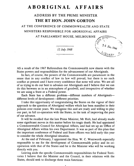 John Gorton Speech first page, thumbnail