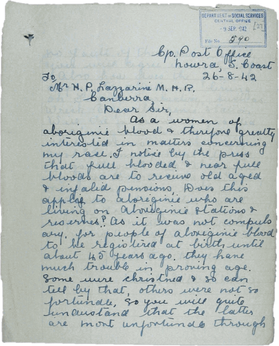 First page of a handwritten letter from Pearl Gibbs to HP Lazzarini questioning changes to social services legislation. 