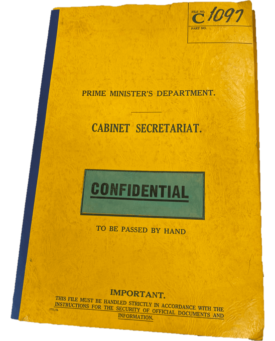 Cover of a confidential Cabinet Secretariat file from the Prime Minister's Department. Other text includes: 'To be passed by hand' 'Important. This file must be handled strictly in accordance with the instructions for the security of official documents and information'