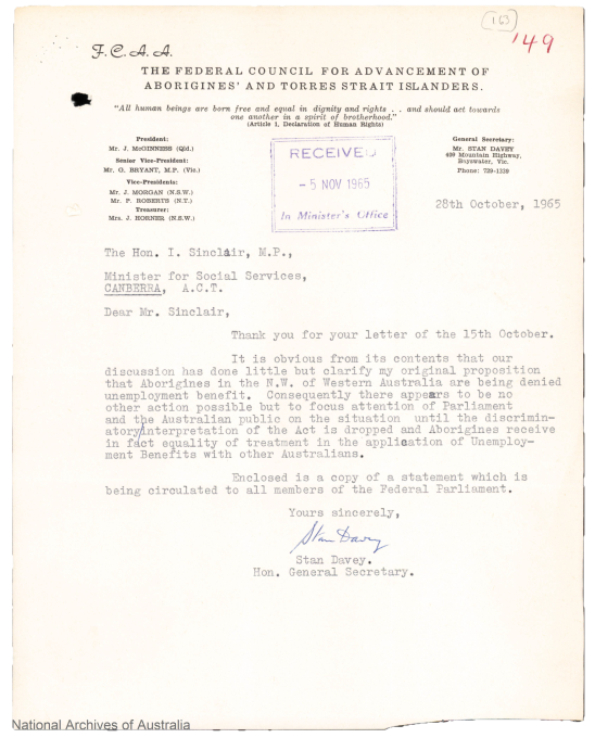 A letter from Stan Davey to Minister for Social Services, dated 28 October 1965.