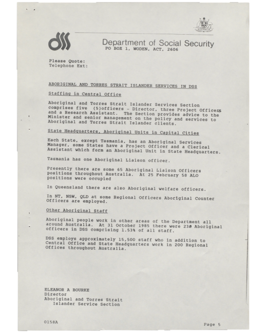 An excerpt from a document titled 'Aboriginal and Torres Strait Islander Services in DSS', by Eleanor A Bourke.