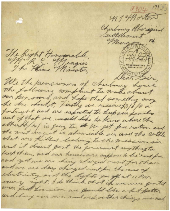 Thumbnail image of a handwritten letter from N T Morton to the Prime Minister R S Menzies.