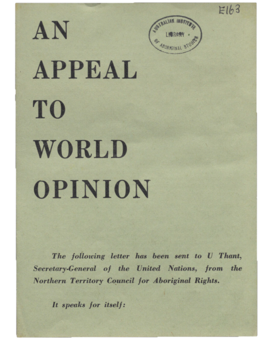 The front cover of a pamphlet with the title 'An appeal to world opinion'. It is plain design with text only, on dark green grey paper.